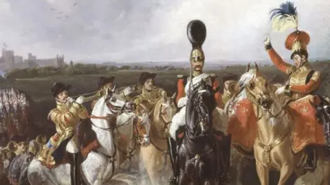 National Army Museum A painting showing the band of the second regiment of Life Guards leaving Windsor Castle in 1830. On the right is a horsemen turning to the left and raising his arm towards the musicians. to the left can be seen three musicians all playing brass instruments while riding horses, to the far left can be glimpsed more musicians and behind them marching soldiers 