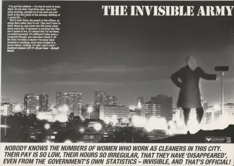 Barbara Webster Collection at the Arts Design and Media Archive A black and white poster shows a photograph of a woman standing on a hill and overlooking a city skyline that has many tall buildings. The woman is facing the skyline and her back is towards the camera. She is wearing a scarf wrapped around her hair and is holding a broom. The title at the top of the poster says 'THE INVISIBLE ARMY' in capital letters.
