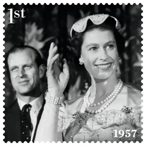 Royal Mail 1957 stamp featuring the Queen and Prince Philip