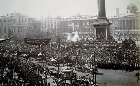Getty Images Queen Victoria in Trafalgar Square during her Golden Jubilee celebrations, London, 1887