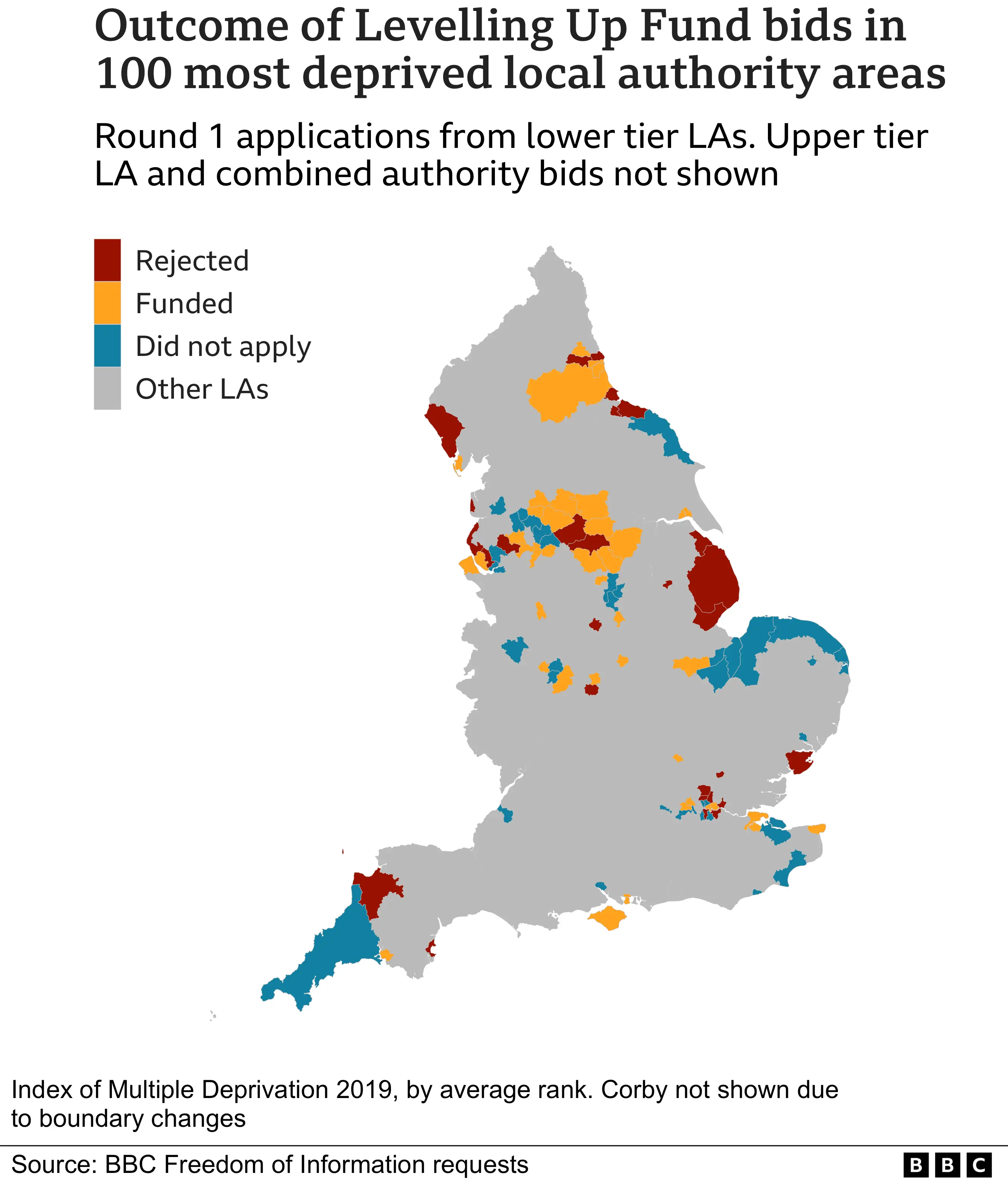 Map showing outcome of Levelling Up Fund bids in 100 most deprived local authority areas