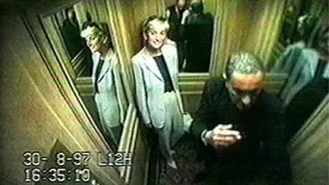 Diana Princess of Wales inquest handout CCTV footage showing Diana, Princess of Wales with Dodi Fayed inside the lift at the Ritz Hotel Paris