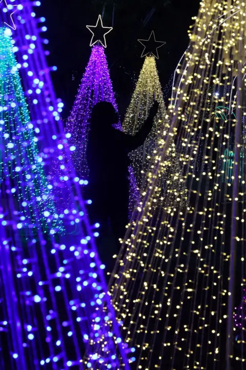 Reuters A woman takes a selfie among lights hung in the shape of Christmas trees. Her silhouette is seen against the various colours.