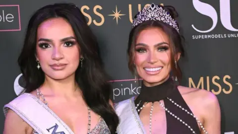 Getty Images Miss Teen USA 2023, UmaSofia Srivastava and Miss USA 2023, Noelia Voigt attend Supermodels Unlimited Magazine Presents: Billboards Over Broadway - NYFW Celebrity Event at Nebula Nightclub on February 10, 2024 in New York City.