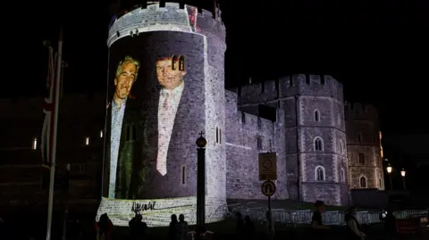 Reuters Image of Donald Trump and Jeffrey Epstein projected on to Windsor Castle